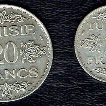 Tunisie LOT DE 2 PIECES  20 Francs Argent ET 10 FRANCS EN ARGENT