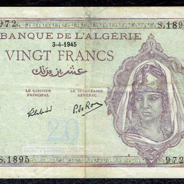 vente06 20 Francs Banque de l'Algérie surchargé TUNISIE