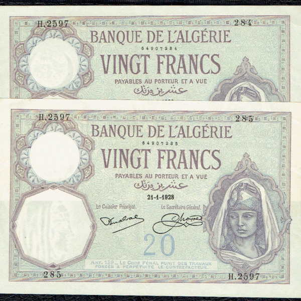 Algerie20 francs 1928- 2 consecutives superbe et rare