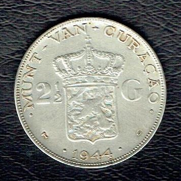 Curacao Caraibes Netherlands 2 1/2 Gulden Wilhelmina 1944