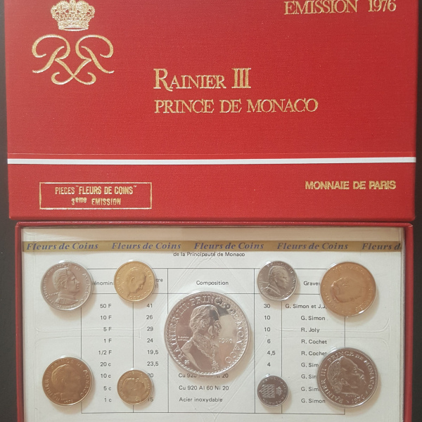 Série de 9 pièces, de la 1 centime à la 50 Francs Argent Monaco 