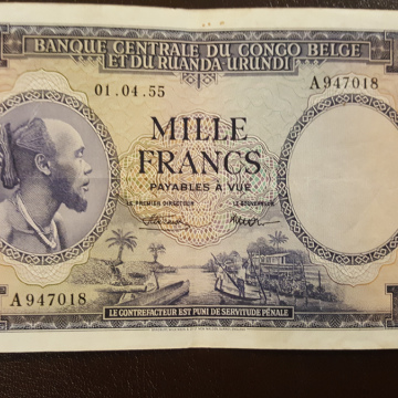 Billet de 1000 Francs du Congo Belge TRES RARE - Pick 29 - Année 01.04.1955